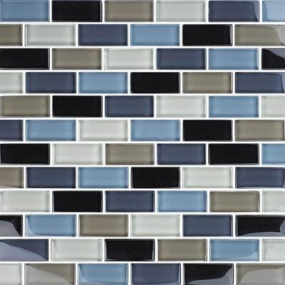Crystal Black Charcoal Gray Taupe Blend 1x2 Glass Mosaic 12"x12" Pool Tile