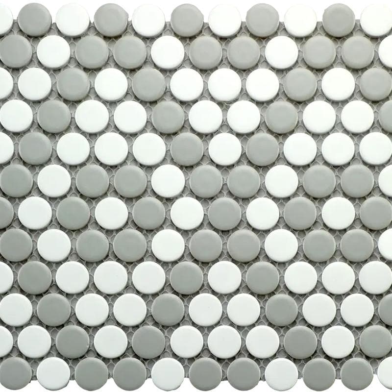Color Collection Mosaics Matte Gray & White Penny Round 9x10 - Image 1
