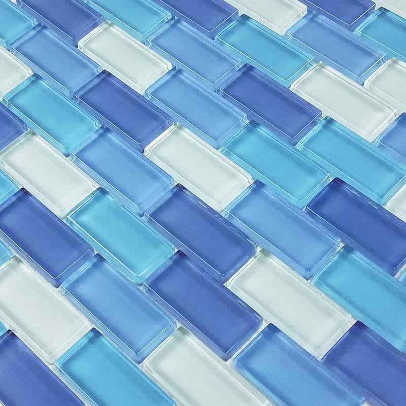 Crystal Turquoise Cobalt Blue Blend 1x2 Glass Mosaic 12"x12" Pool Tile - Image 3