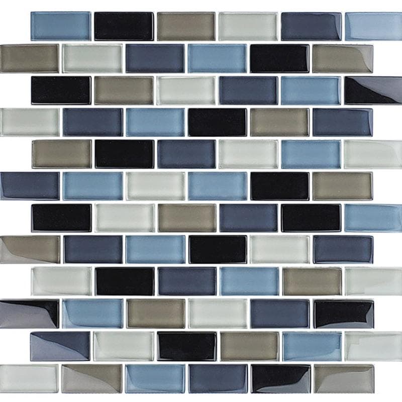Crystal Black Charcoal Gray Taupe Blend 1x2 Glass Mosaic 12"x12" Pool Tile - Image 2