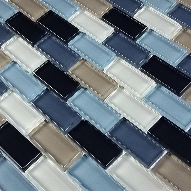 Crystal Black Charcoal Gray Taupe Blend 1x2 Glass Mosaic 12"x12" Pool Tile - Image 3