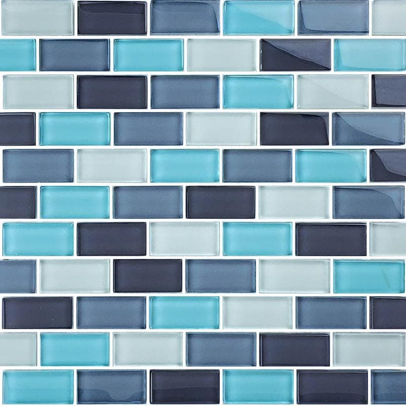 Crystal Aqua Blend 1x2 Glass Mosaic 12"x12" Pool Tile - Image 1