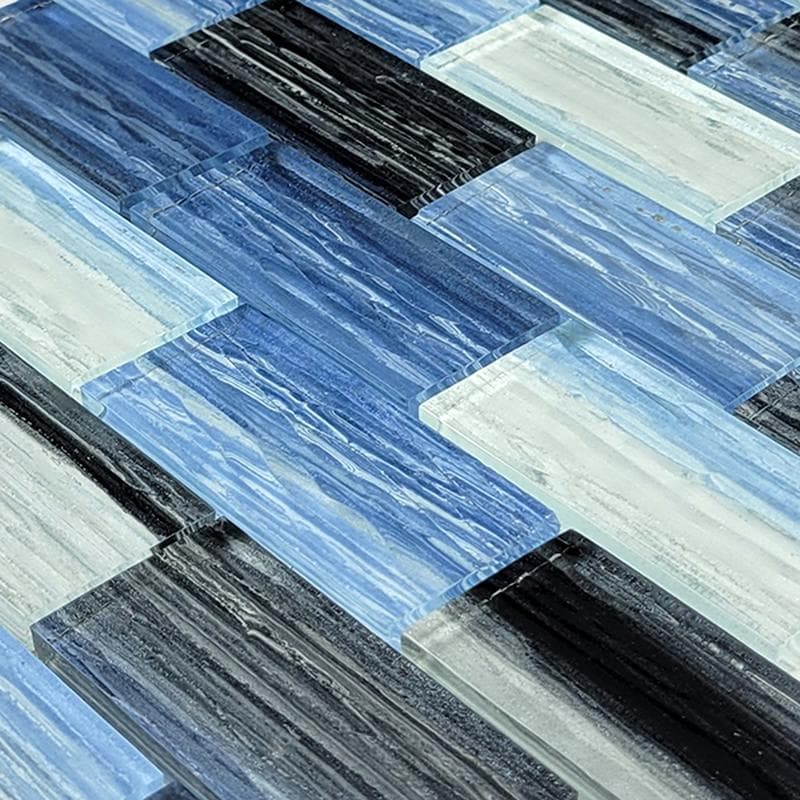 Mirage Blue Black Blend 1.5x3 Glass Mosaic 12"x12" Pool Tile - Image 2