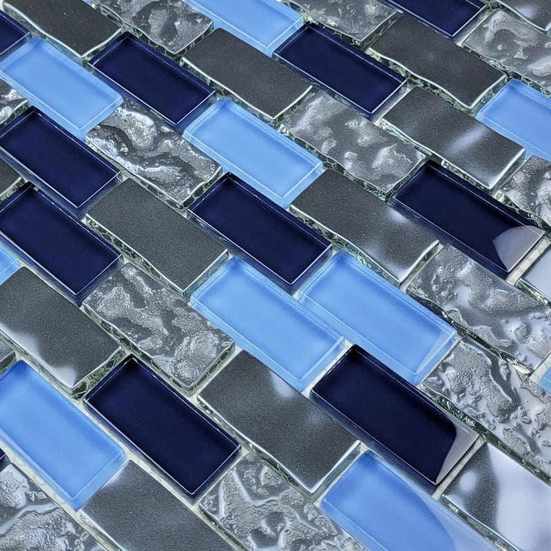 Titanium Blue Blend 1x2 Glass Mosaic 12"x12" Pool Tile - Image 3