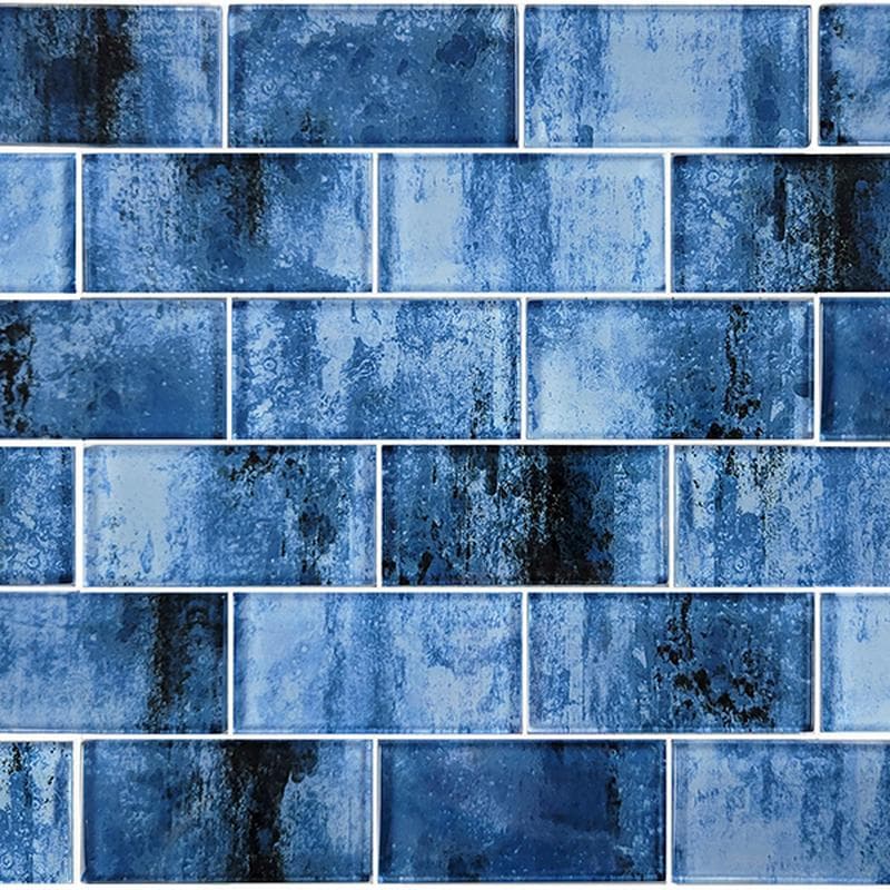 Subway Shadow Blue 2x4 Glass Mosaic 12"x12" Pool Tile - Image 1