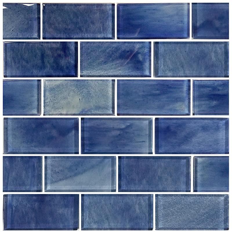 Subway Stratus Blue 2x4 Glass Mosaic 12"x12" Pool Tile - Image 1