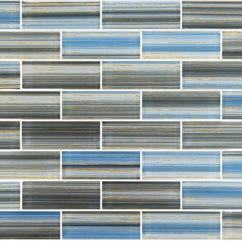 Renaissance Cerulean Gold 1.5x4 Glass Mosaic 12"x12" Pool Tile - Image 1